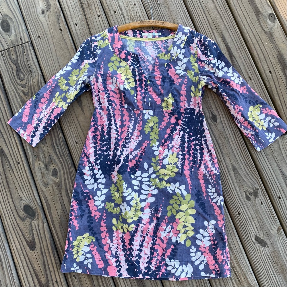 Boden Linen Floral Dress Notch V-Neck